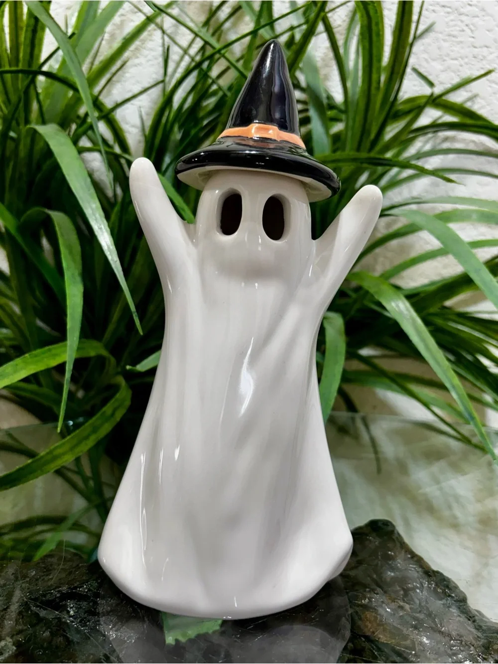Ceramic White LED Ghost Night Light/Home Accent With Black Witch Hat